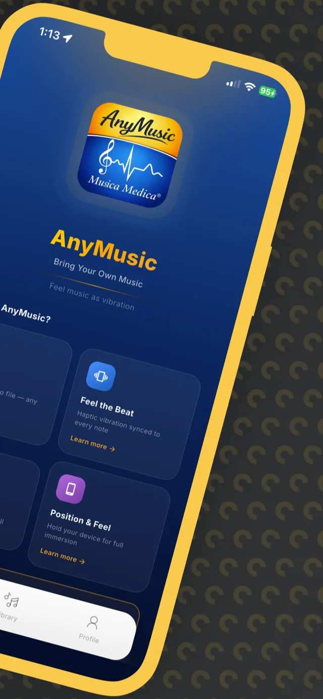 AnyMusic home screen showing Your Music, Feel the Beat, Any Genre, and Position & Feel