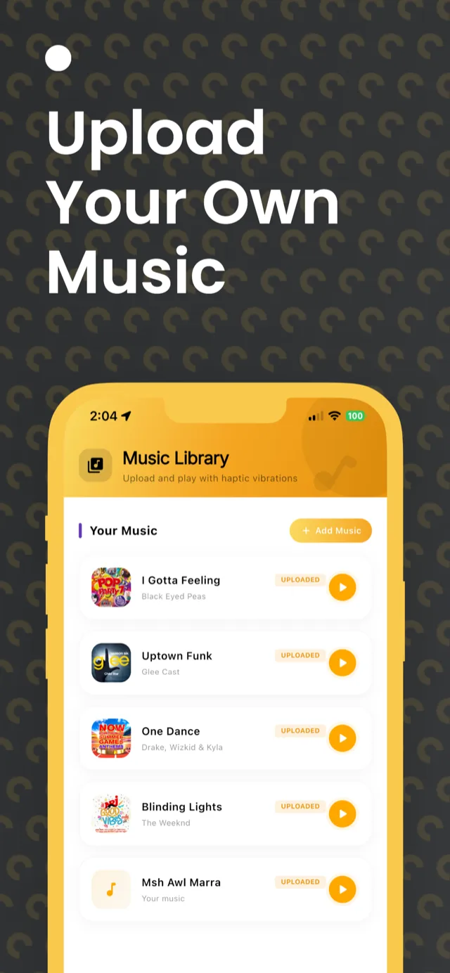AnyMusic music library screen showing user-uploaded tracks with haptic processing