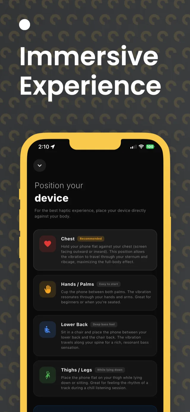 AnyMusic device positioning screen showing chest, hands, lower back, and thighs placement