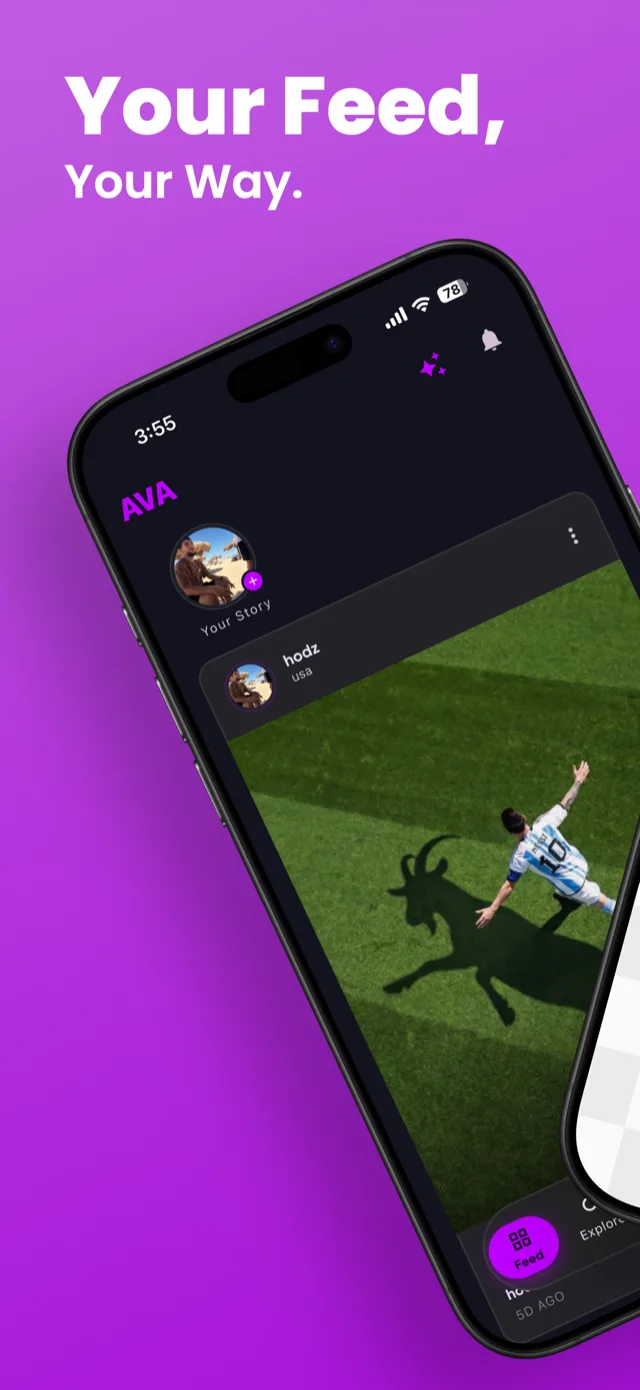 AVA social app home feed showing stories row and post cards with AVA Liquid Glass dark theme