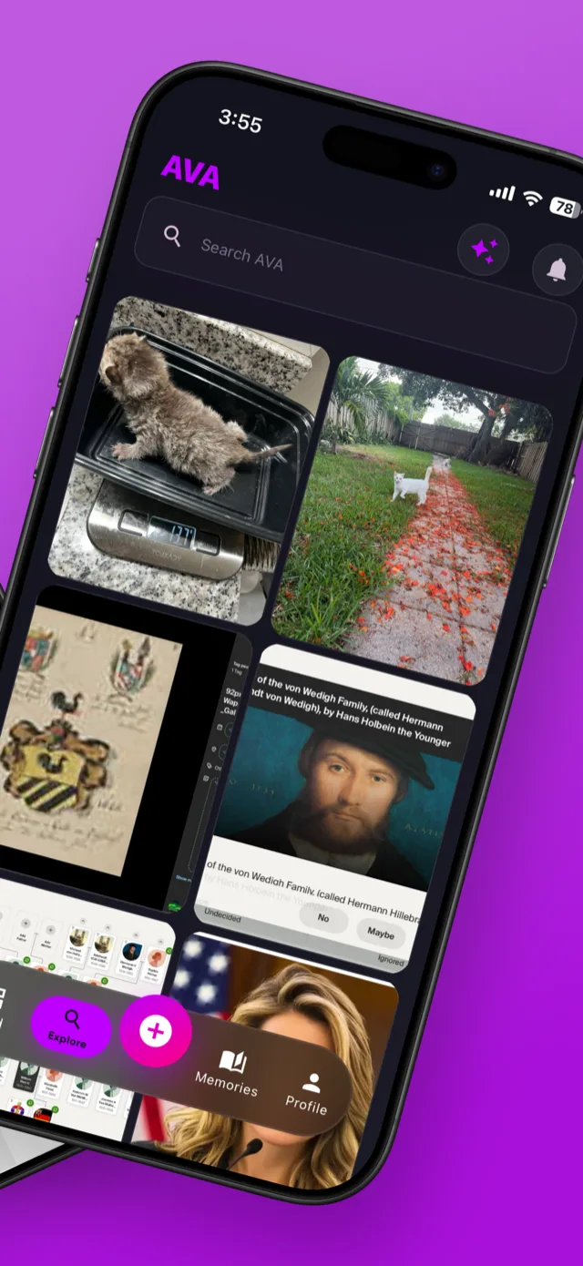 AVA explore screen showing search and content discovery with glassmorphism design