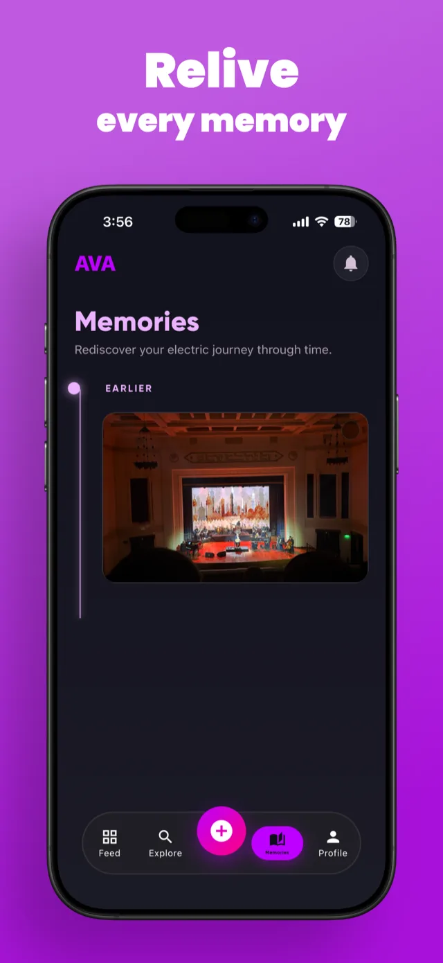 AVA user profile screen with stats, posts grid, and gradient avatar ring