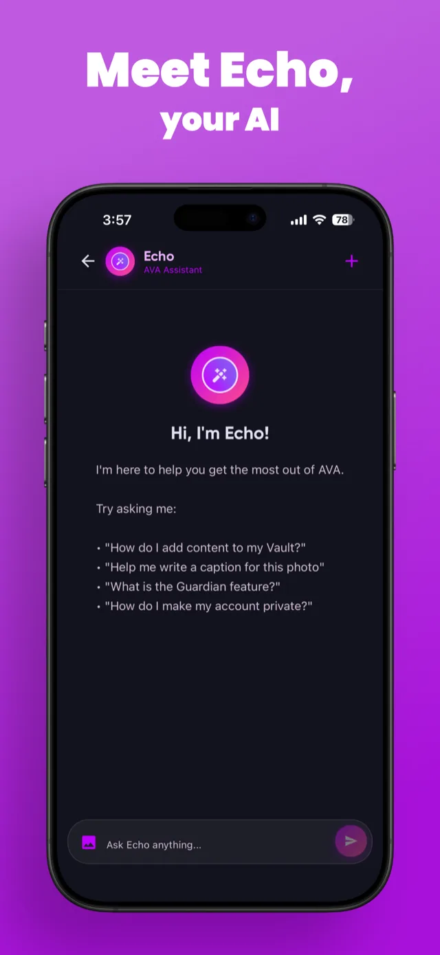 AVA Echo chat screen showing real-time direct messaging with dark Liquid Glass theme