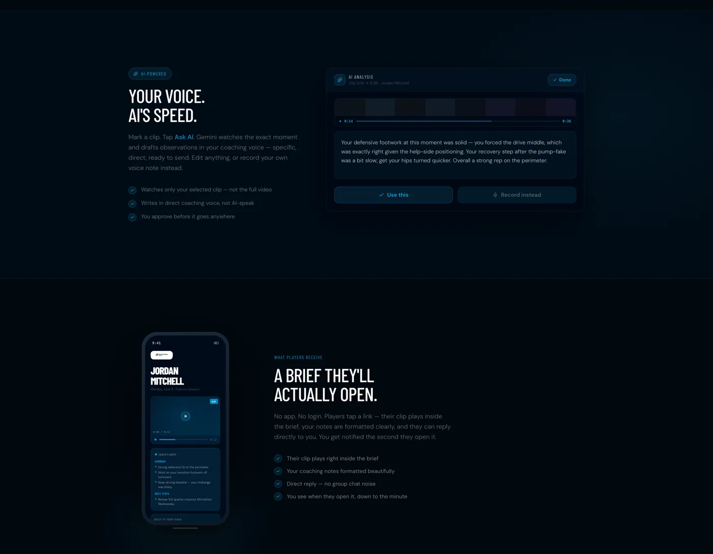 Performance Brief homepage hero section showing the coaching tool interface