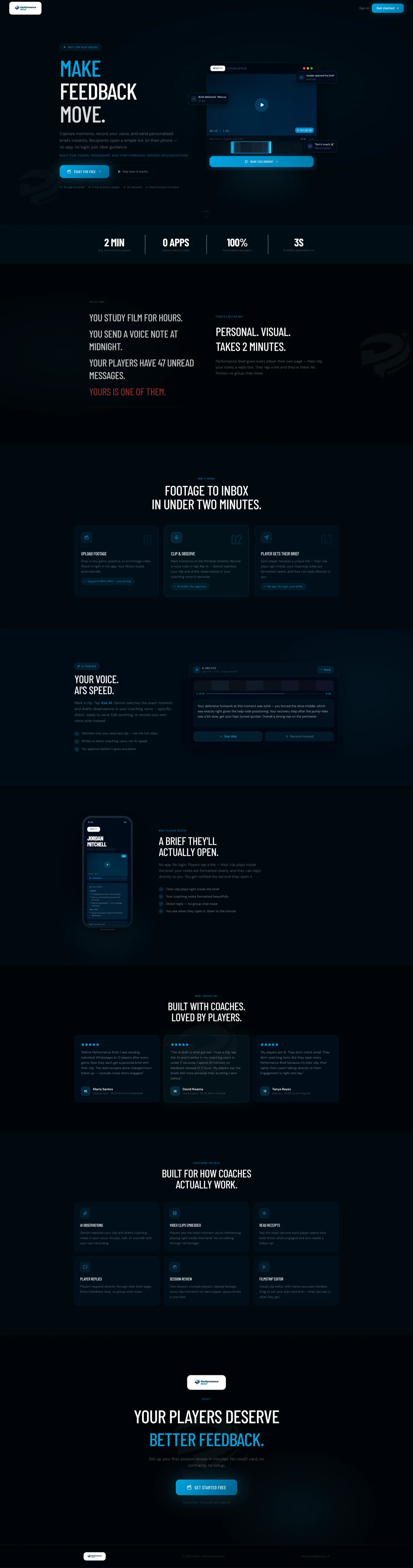 Performance Brief features section with read receipts, session review and filmstrip editor