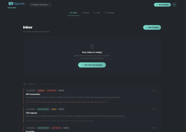 Signelle app inbox showing AI-generated Decision Briefs with signal severity badges and alert types