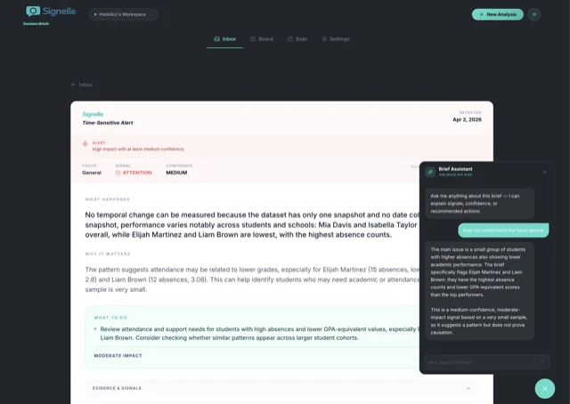 Signelle Brief Assistant chat widget answering plain-language questions about a Decision Brief using Claude API